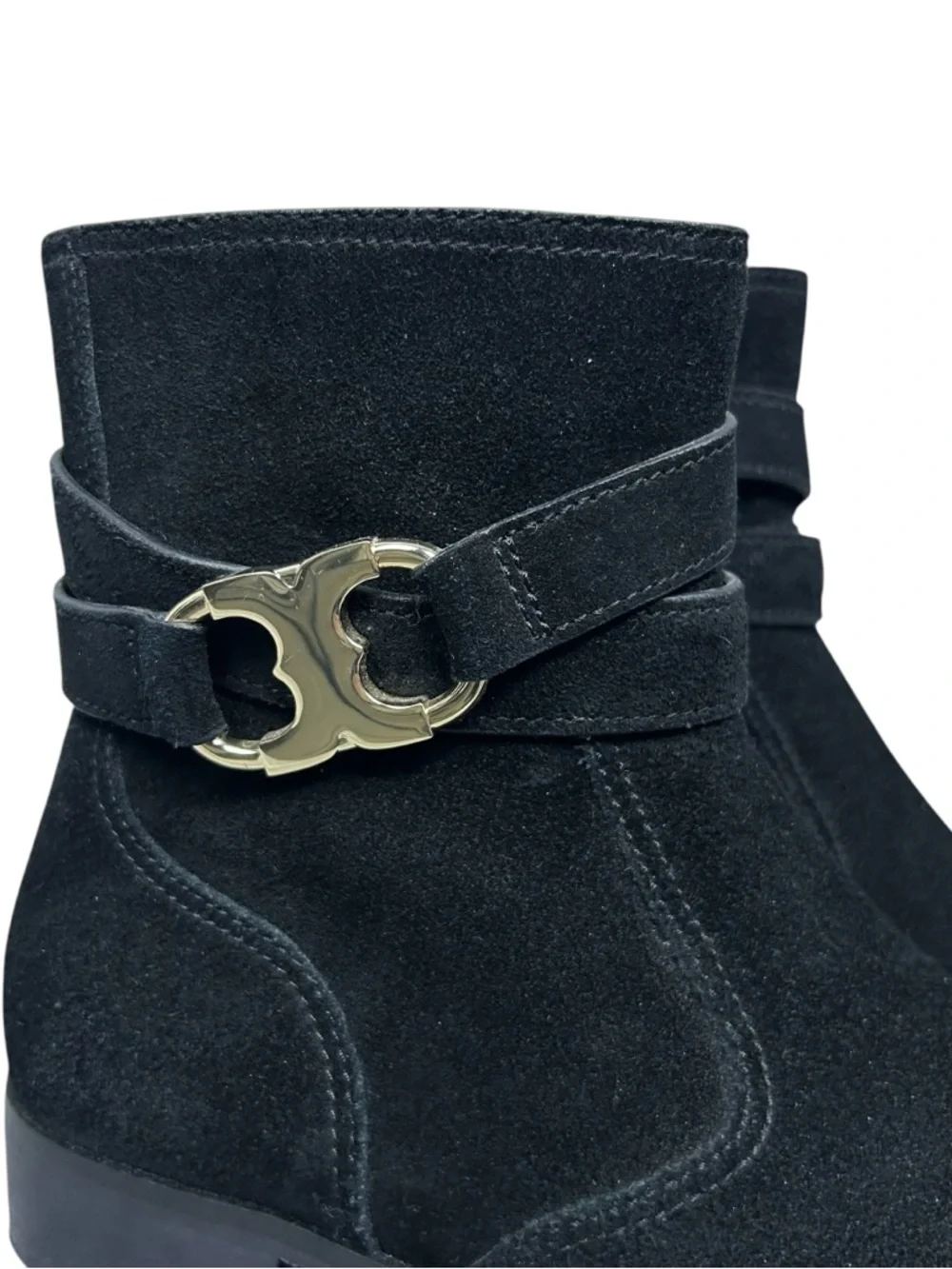 Tory Burch Gemini Suede Ankle Boots Size 7 US Black Gold Logo Luxury Minimalist